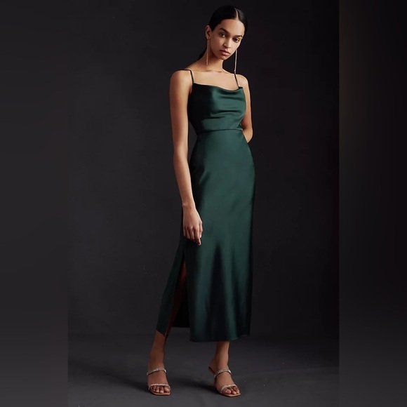 Anthropologie Sachin Babi Cali Satin Cowl Neck Slip Dress Emerald Green - Picture 2 of 11